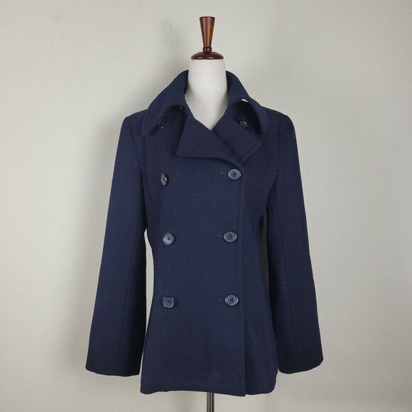 [SOLD]J. Crew Pea Coat Medium Blue Navy Wool Double Breasted Classic Preppy Y2K - Picture 1 of 6